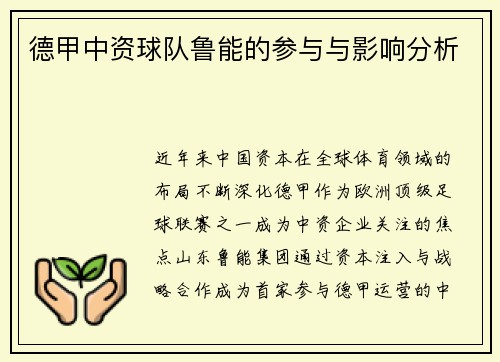 德甲中资球队鲁能的参与与影响分析